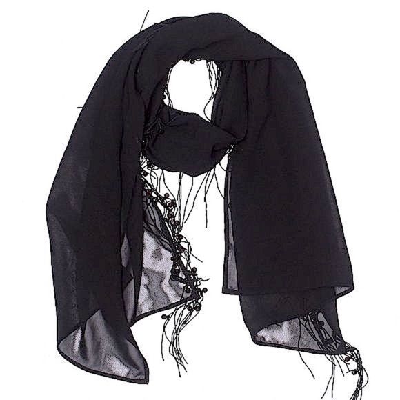 Freya Black Beaded Fringe Sheer Lightweight Evening Scarf Wrap Shawl - Picture 1 of 5
